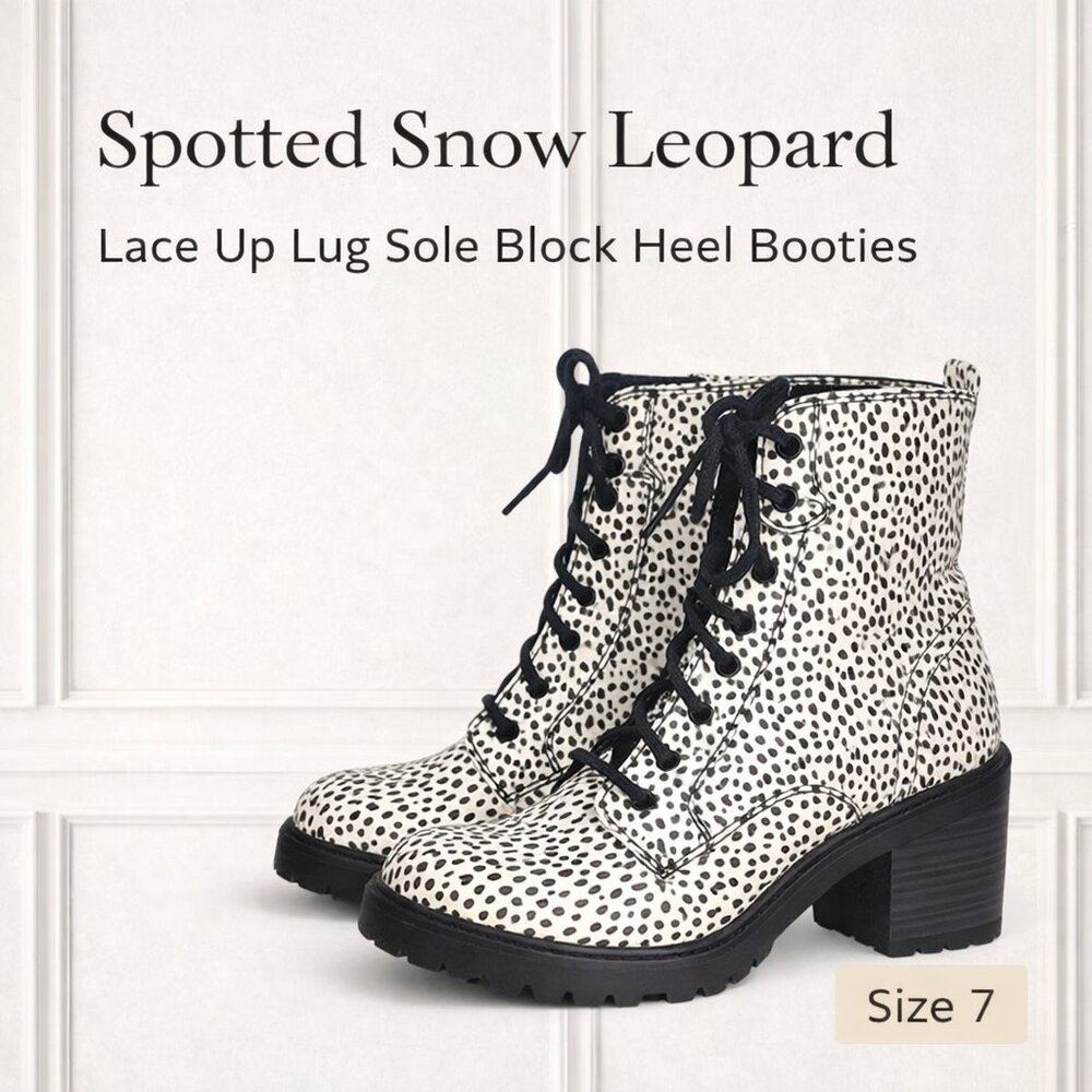 Spotted Snow Leopard Print Lace Up Lug Sole Block Heel Booties 7